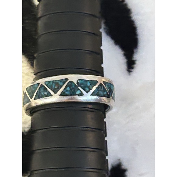 Vintage Primitive Turquoise Inlay Southwest Sterling Band Ring Size 8.5 #349 - Picture 3 of 4